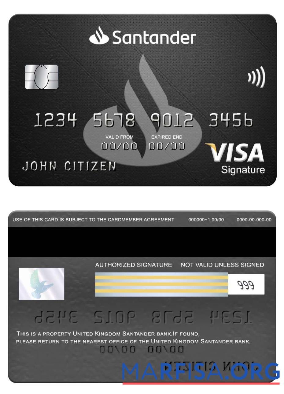 Printable United Kingdom Santander bank visa signature card template